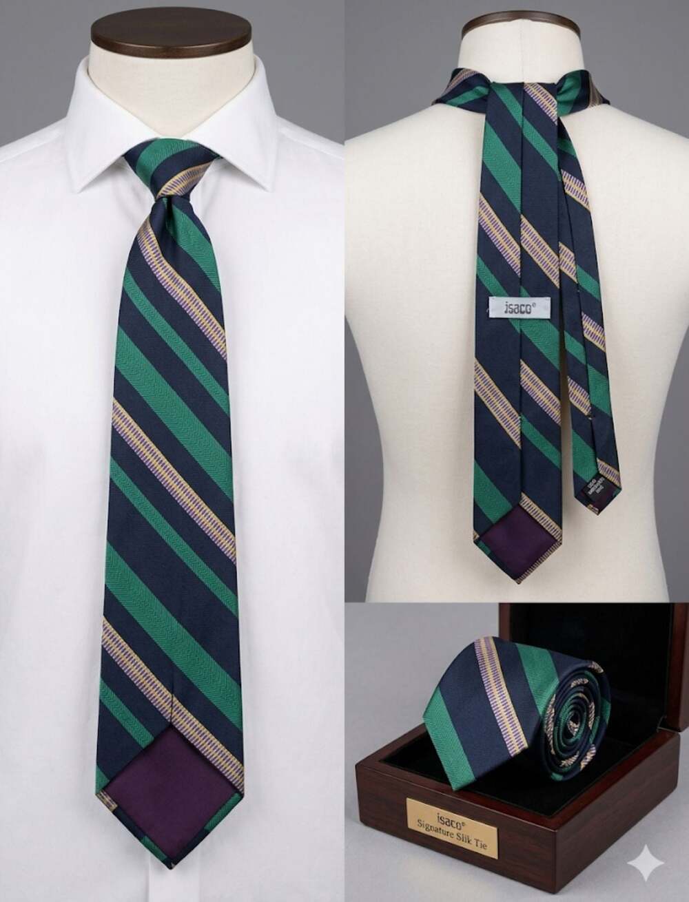 Isaco Signature Silk Tie in Green, Navy, and Gold Stripe